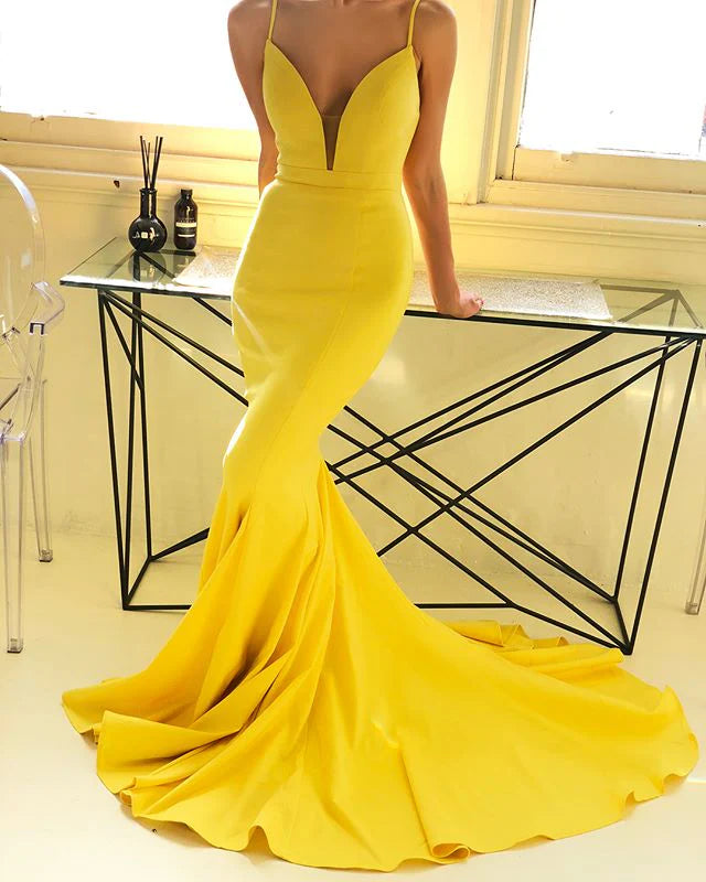 Mermaid Long V Neck Spaghetti-Straps Prom Dresses
