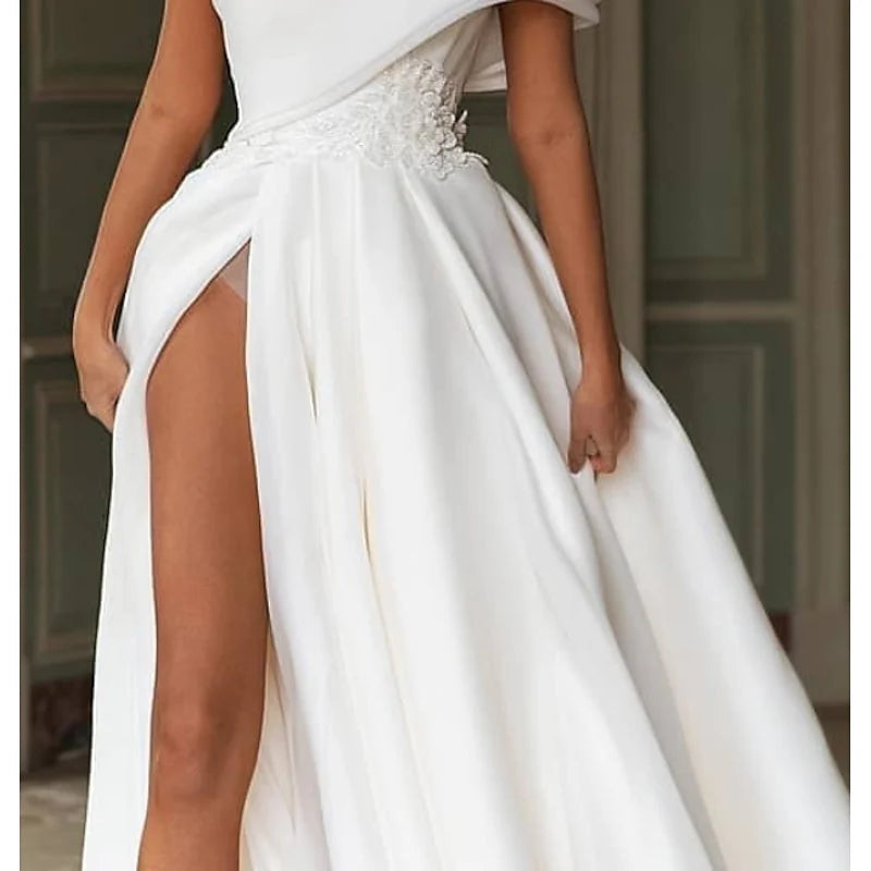 A-Line One Shoulder Court Train Wedding Dresses