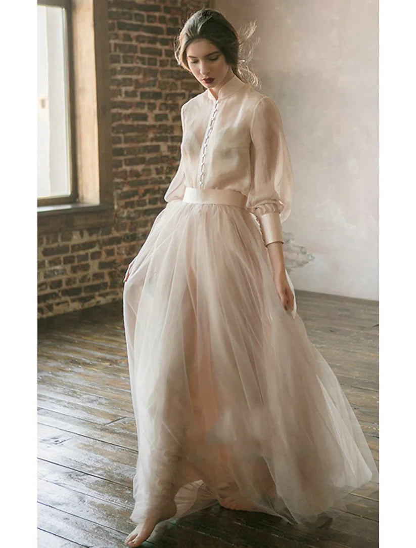 Zweiteiliges Partykleid, minimalistisch, für Hochzeitsgäste, formelles Abend- und Geburtstagskleid, Stehkragen, lange Ärmel, bodenlang, Chiffon mit Stufen