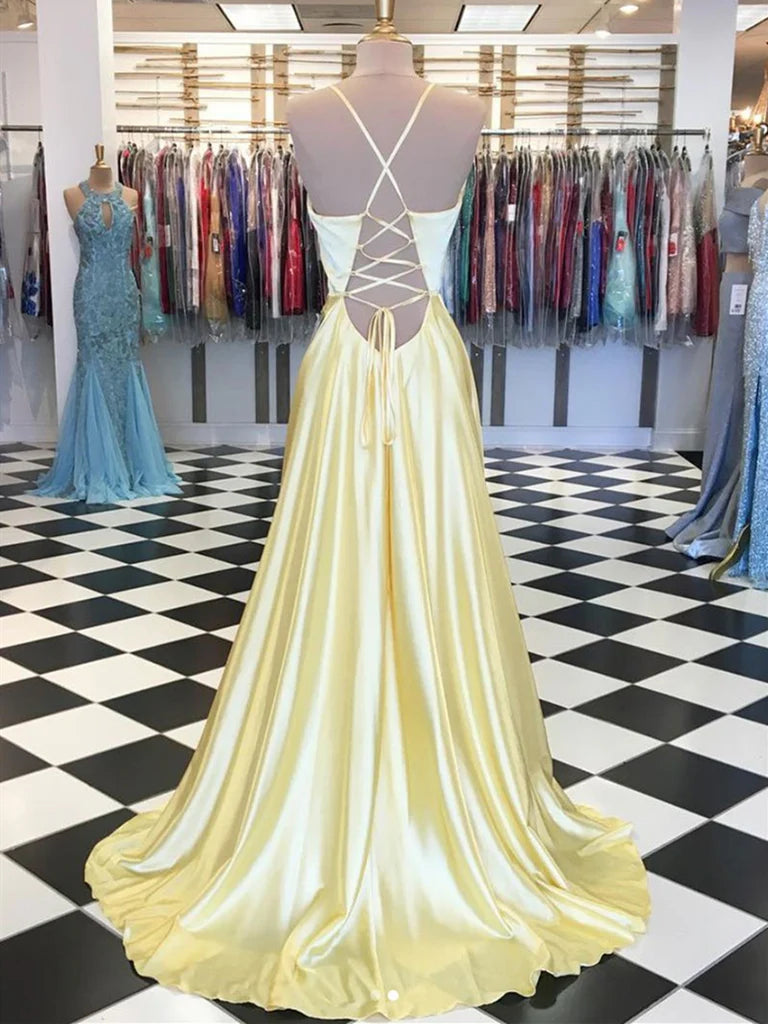 A-line V Neck Satin Long Prom Dress Long Formal Evening Dress