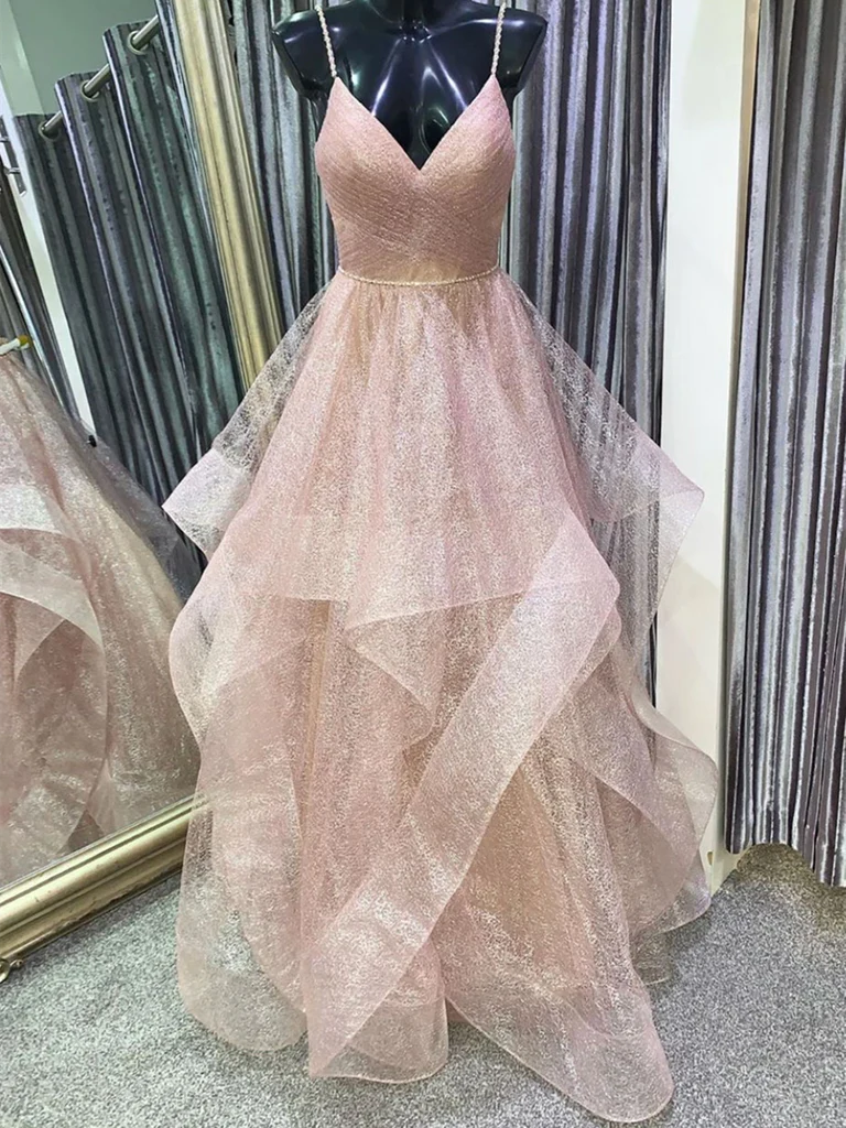 A-line V Neck Tulle Sequin Long Prom Dresses Formal Graduation Evening Dresses