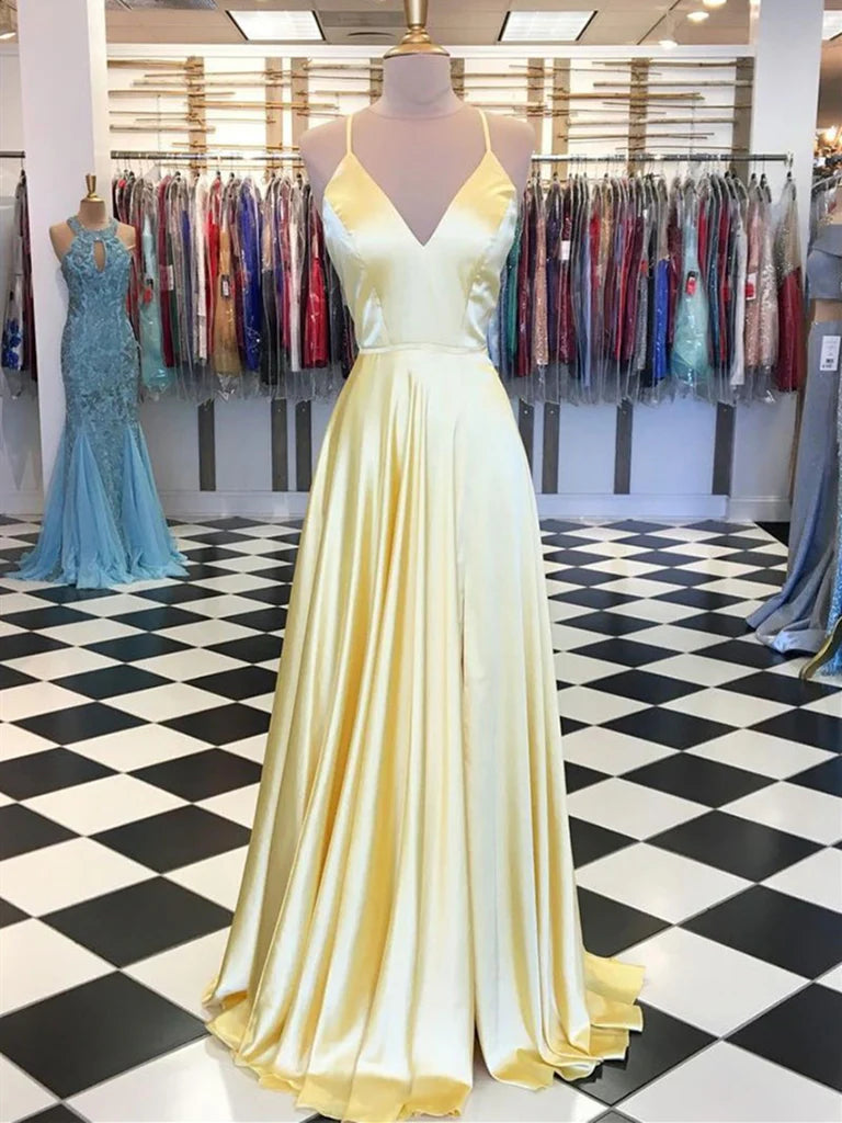 A-line V Neck Satin Long Prom Dress Long Formal Evening Dress