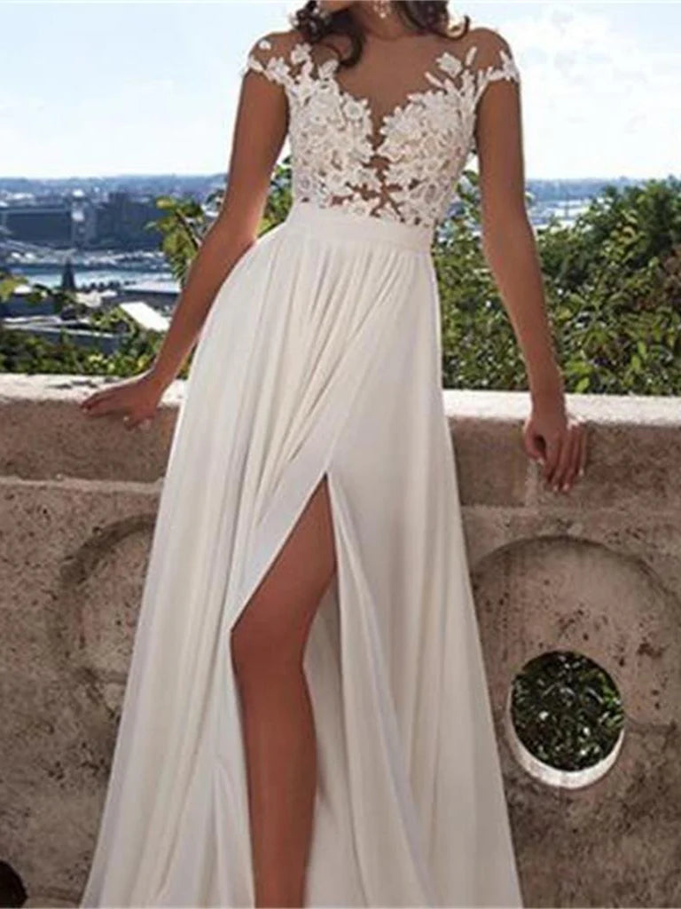 A-line Round Neck Lace Appliques Chiffon Prom Evening Party Dress With Side Slit