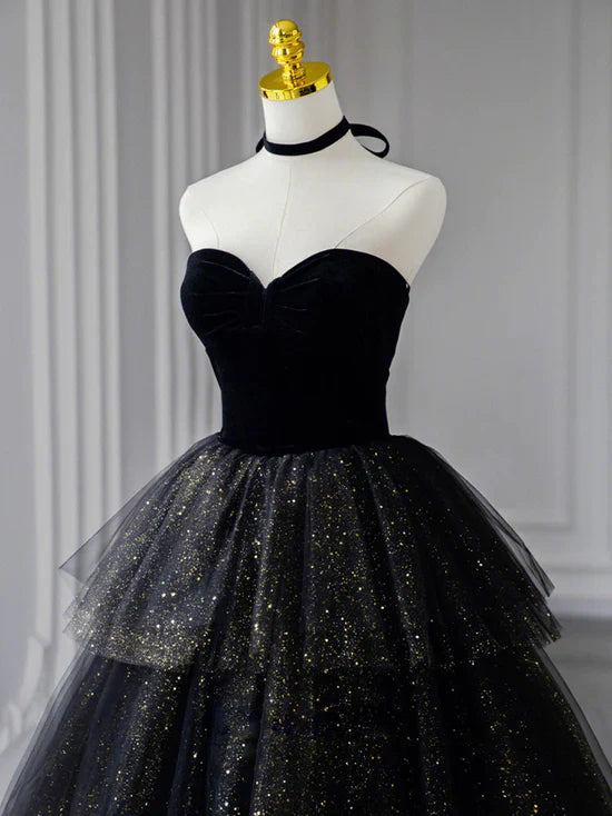 A Line Strapless Tulle Velvet Prom Dress