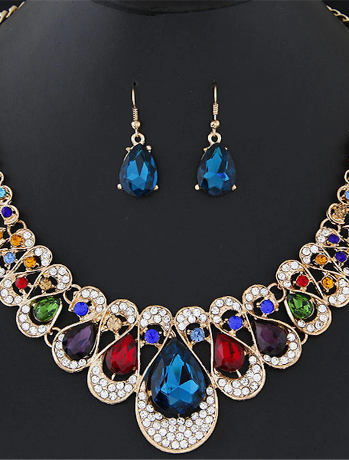 Fashion Exaggerated Water Drop Gem Diamond Pendant Necklace Earrings 2 Piece Set Wedding Bride Flash Diamond Crystal Temperament Necklace Jewelry Color Diamond Water Drop