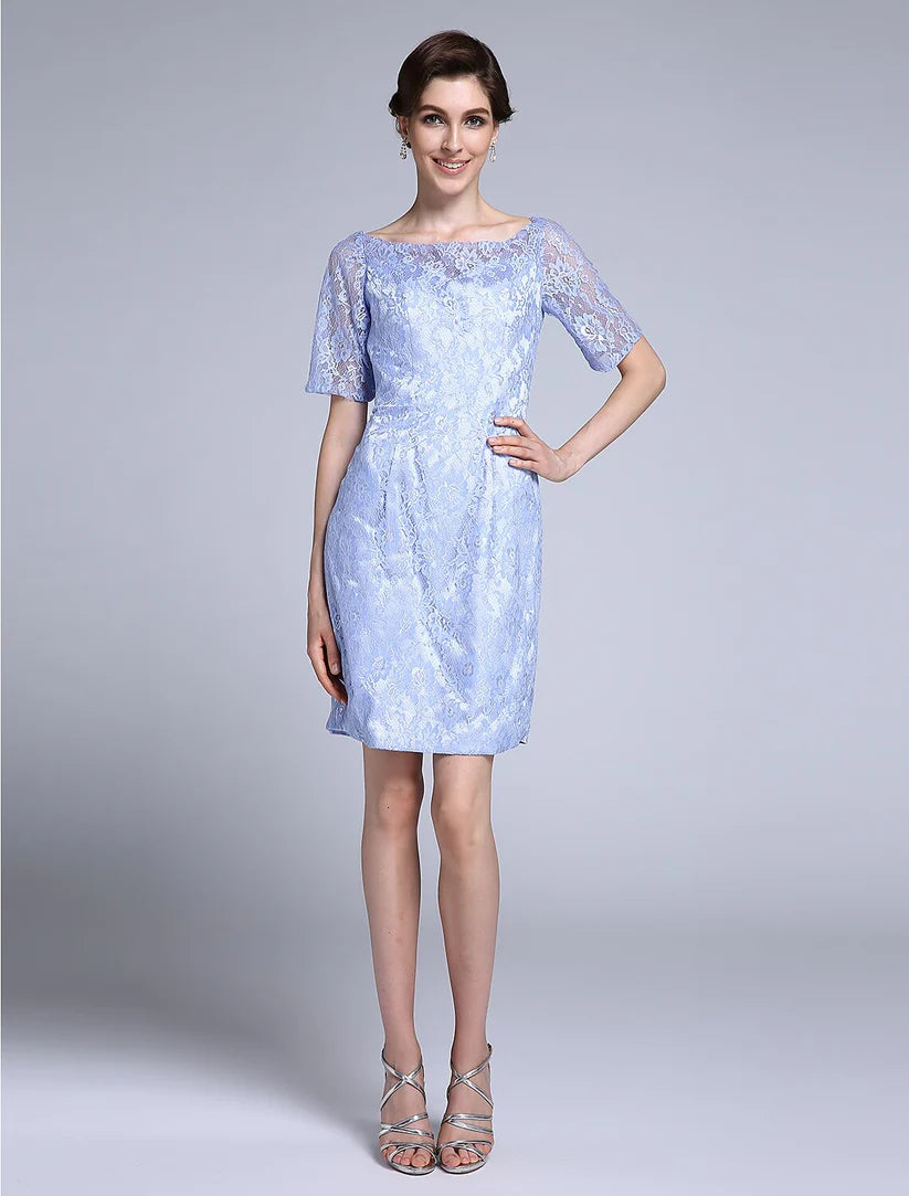 Sheath / Column Mother of the Bride Dress Convertible Dress Scoop Neck Knee Length Satin Lace Half Sleeve No with Lace