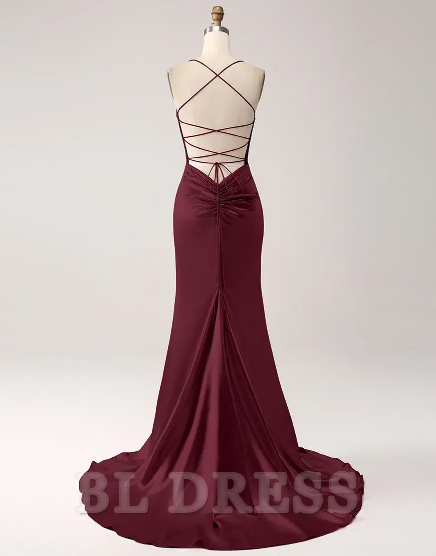 Mermaid Spaghetti Straps Satin Lace-Up Blush Long formal dresses evening gown Prom Dress