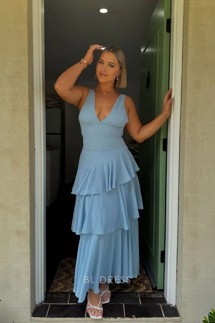 A-line V Neck Blue Tiered formal dresses Bridesmaid Dresses evening gown Prom Dress
