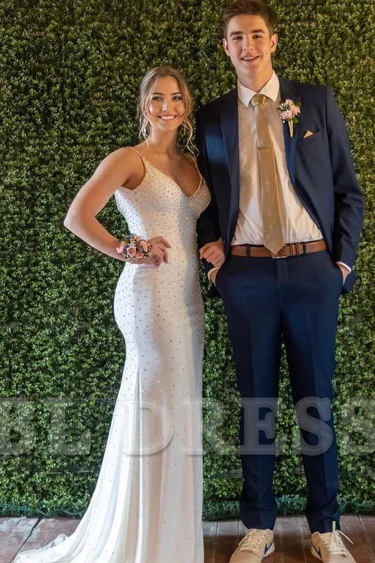 Mermaid V Neck White Beaded Straps Long formal dresses Bridesmaid Dresses evening gown Prom Dress with Slit