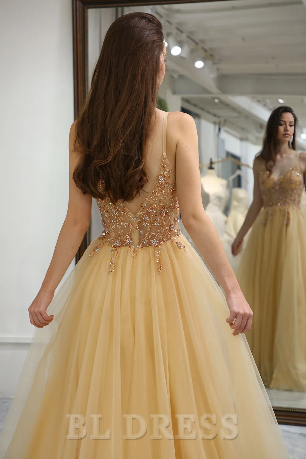 A-Line Sparkly Spaghetti Straps Long Tulle Gold formal dresses evening gown Prom Party Dress With Split