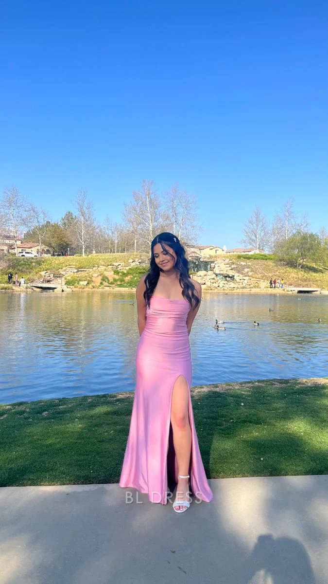 Mermaid Strapless Pink Long formal dresses Bridesmaid Dresses evening gown Prom Dress With Slit