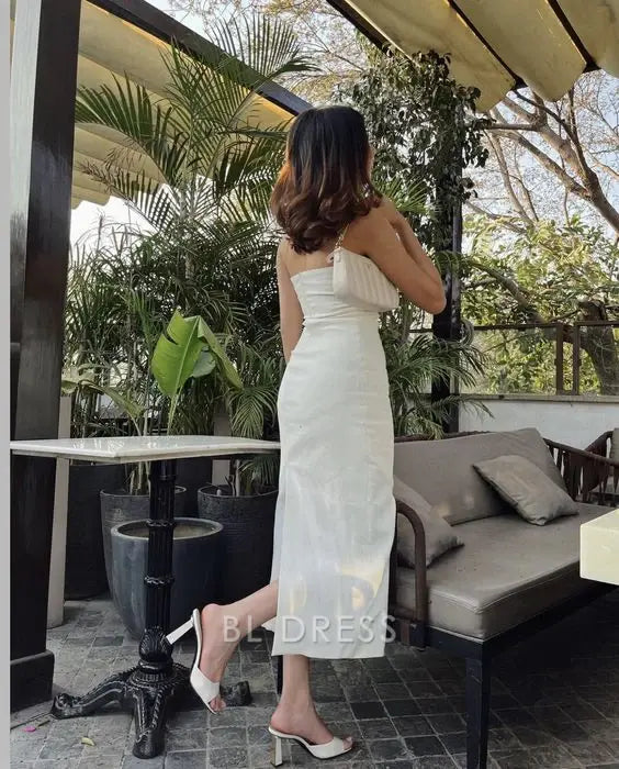 Sheath Elegant Simple Strapless White formal dresses Bridesmaid Dresses evening gown Prom Dress