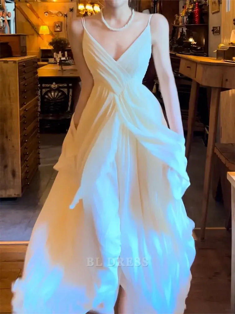 A Line Spaghetti Straps Ivory Chiffon Long formal dresses Bridesmaid Dresses evening gown Prom Dress