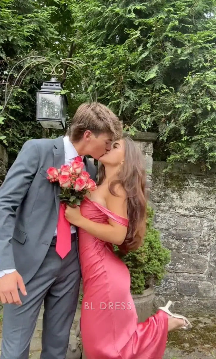 Sheath Off The Shoulder Satin Pink Long formal dresses Bridesmaid Dresses evening gown Prom Dress