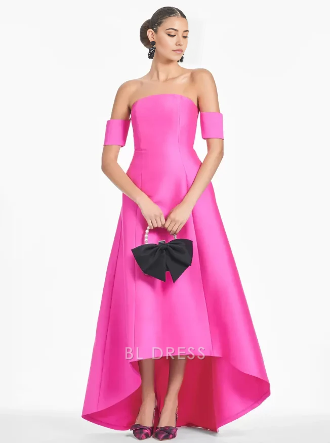 A-Line Short Sleeves Pleated High Low Floor-Length Guest Dresses Mother of the Bride Dresse