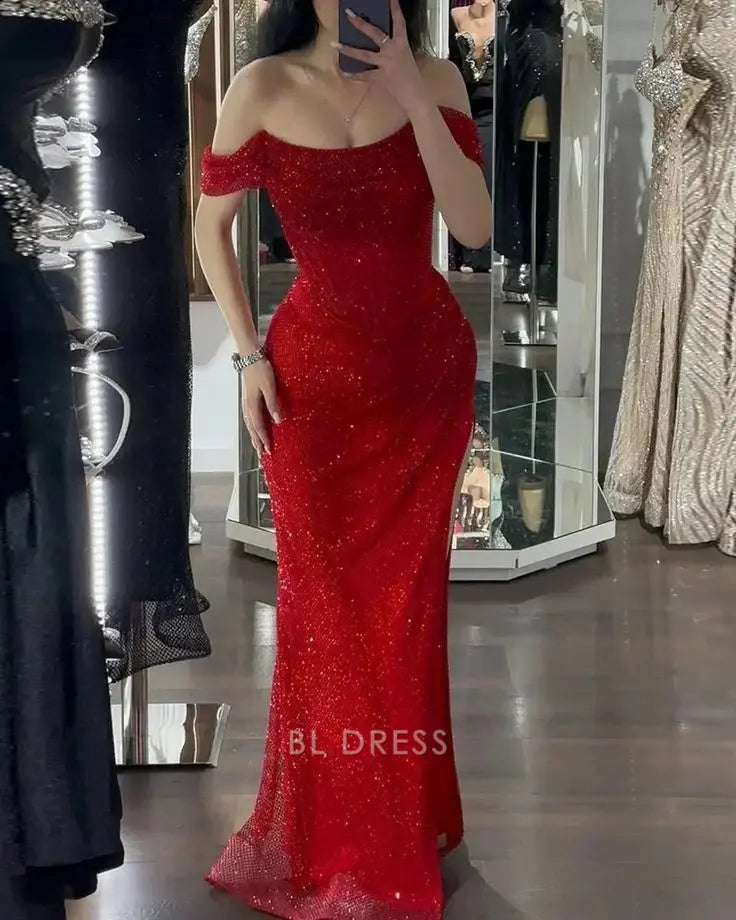 Mermaid Off Shoulder Sequins Shiny Red formal dresses Bridesmaid Dresses evening gown Prom Dress