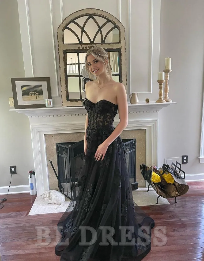 A-Line Strapless sleeveless formal dresses evening gown Prom Dress With Appliques