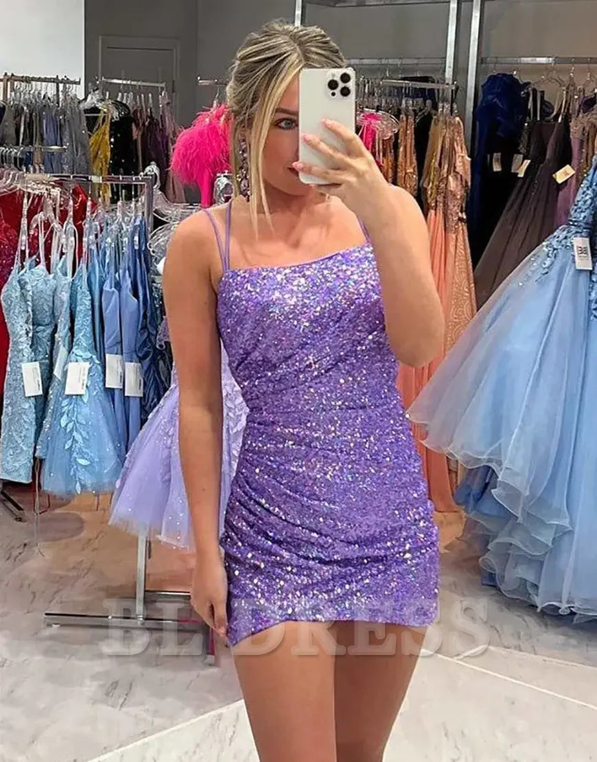 Spaghettiträger Glitzer Pailletten Abendkleider Brautjungfernkleider Abendkleid Ballkleid Homecoming-Kleid mit Plissee 