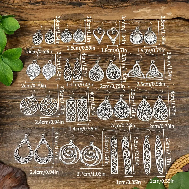 16 Pairs / Set Silvery Pattern Dangle Earrings Retro Ethnic Style Zinc Alloy Jewelry Holiday Tourism Souvenir