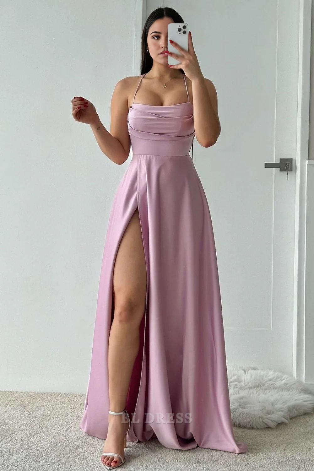 A-Line Spaghetti Straps Lace Up Long Satin formal dresses Bridesmaid Dresses evening gown Prom Dress