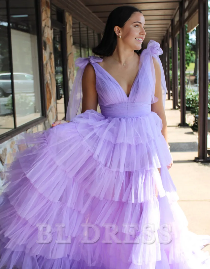 A-Line V Neck Tiered Tulle Lilac Long formal dresses evening gown Prom Dress with Slit