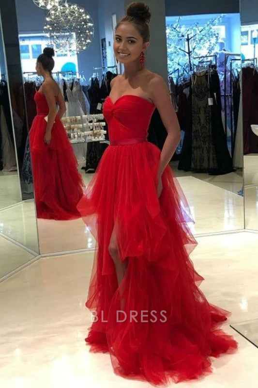 A Line Sweetheart Tulle Red Long formal dresses Bridesmaid Dresses evening gown Prom Dress With Slit