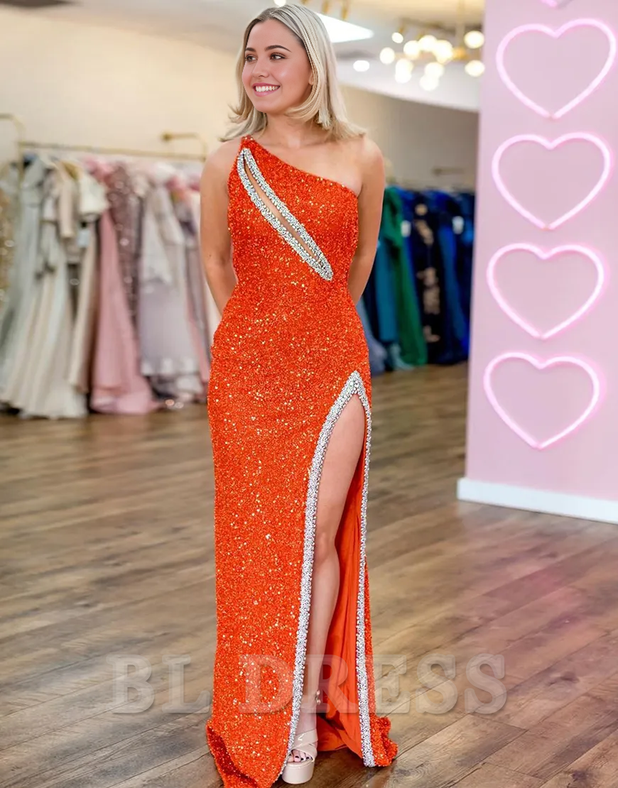 Sparkly One Shoulder Sequins Royal Blue Long formal dresses Bridesmaid Dresses evening gown Prom Dress with Slit