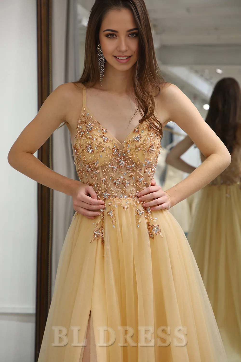 A-Line Sparkly Spaghetti Straps Long Tulle Gold formal dresses evening gown Prom Party Dress With Split