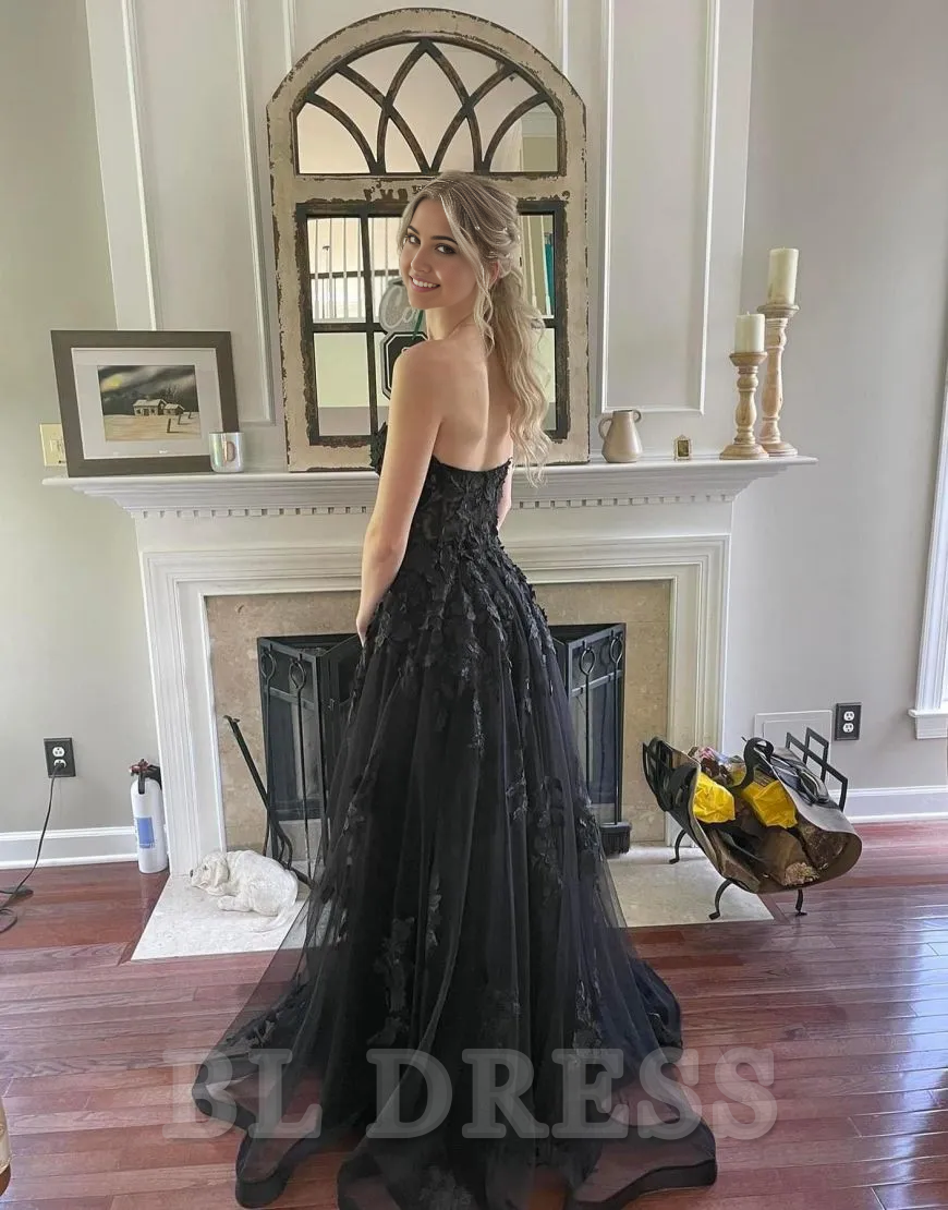 A-Line Strapless sleeveless formal dresses evening gown Prom Dress With Appliques