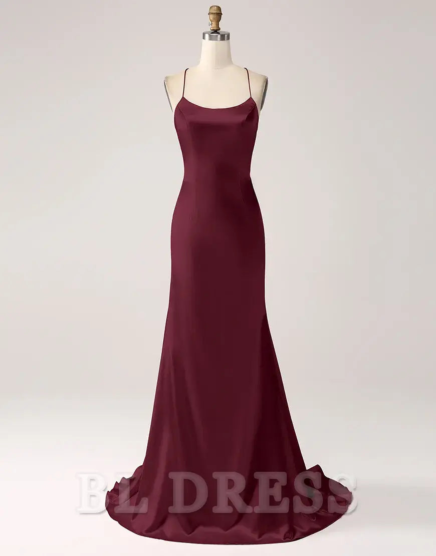 Mermaid Spaghetti Straps Satin Lace-Up Blush Long formal dresses evening gown Prom Dress