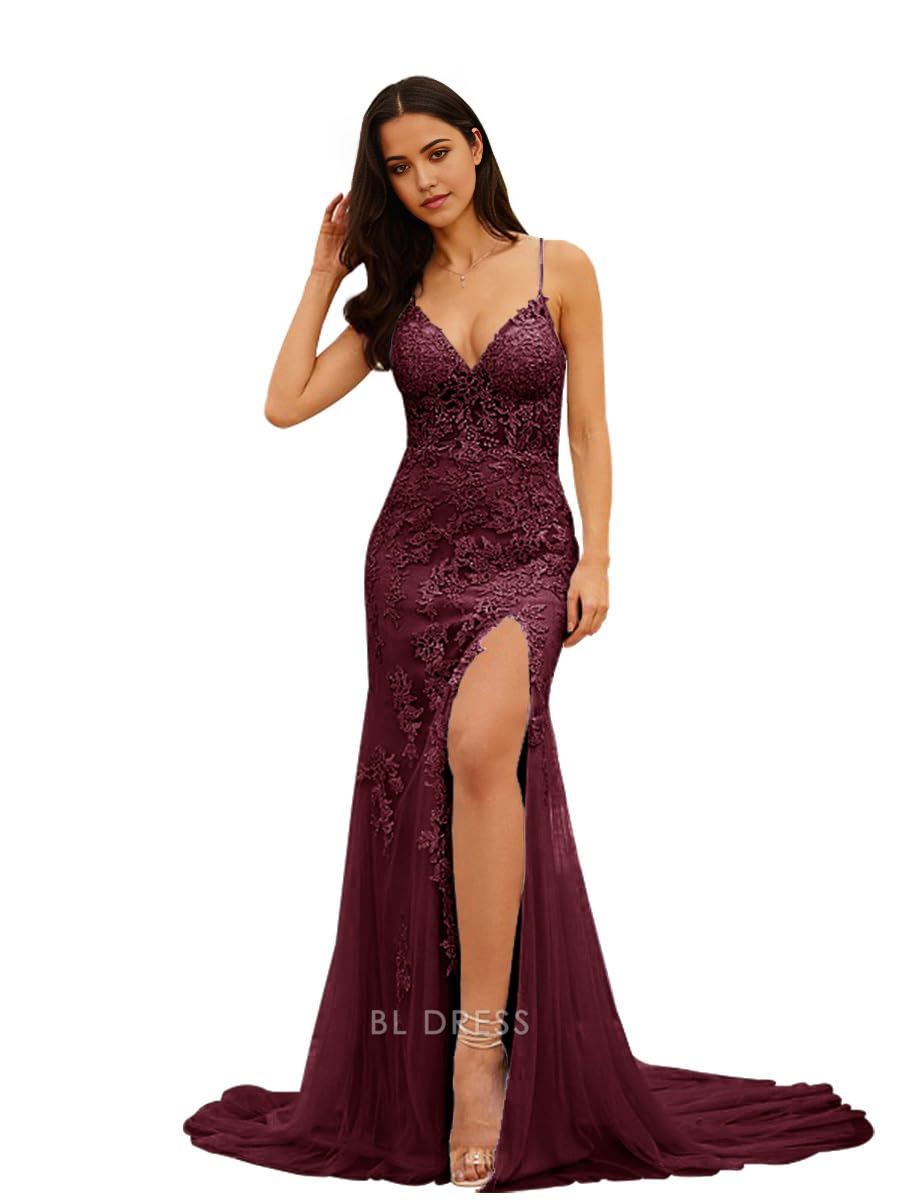 Mermaid Tulle Appliques Long Back Lace Up Spaghetti Straps formal dresses Bridesmaid Dresses evening gown Prom Dress