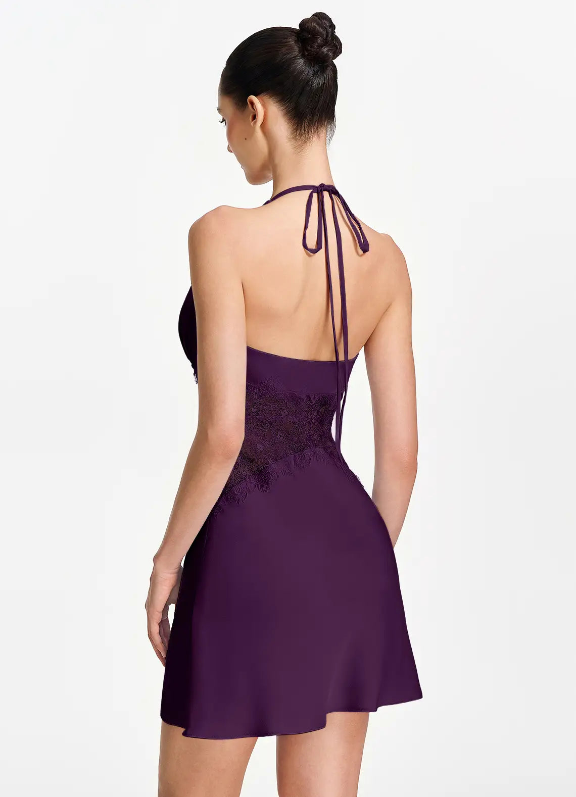 Chic A-Line Halter Sleeveless Lace Ruched Plum Short Homecoming Dress for Women
