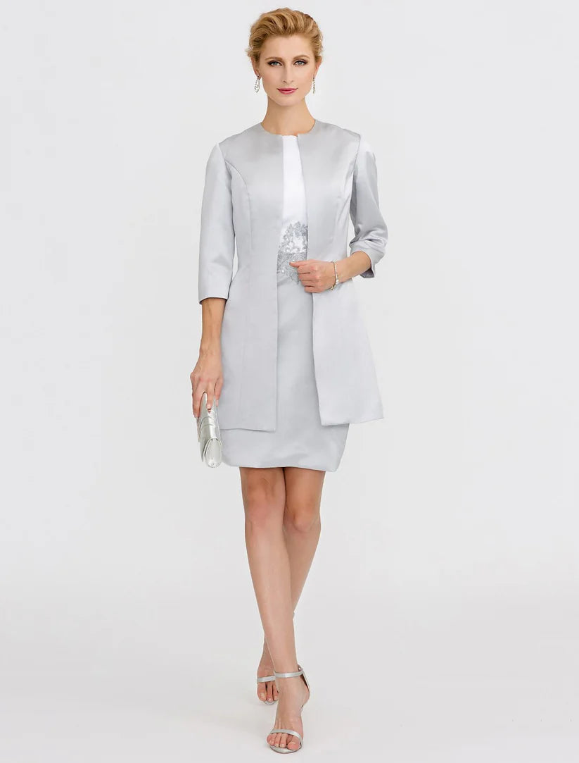 Sheath / Column Mother of the Bride Dress Formal Two Piece Jewel Neck Short / Mini Satin Short Sleeve yes with Lace Pleats