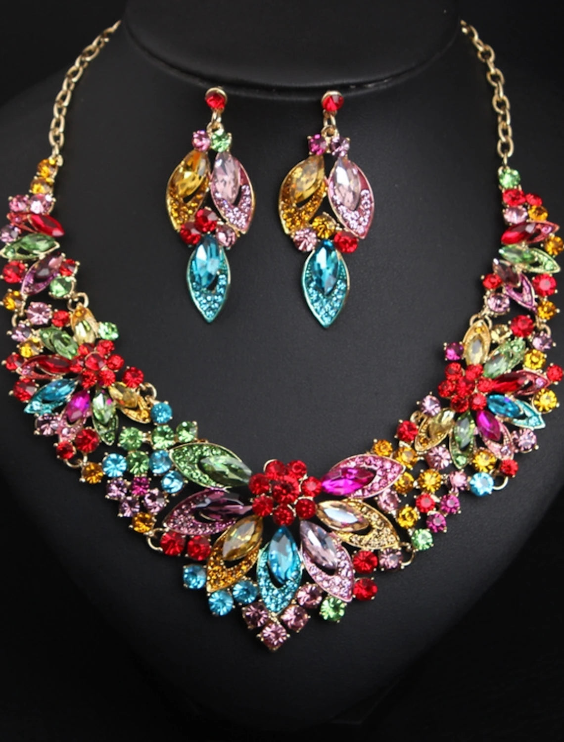 1 set Drop Earrings Bib necklace For Women's Cubic Zirconia Multicolor Wedding Rhinestone Alloy Vintage Style Flower Rainbow