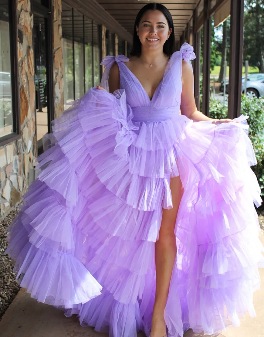 A-Line V Neck Tiered Tulle Lilac Long formal dresses evening gown Prom Dress with Slit