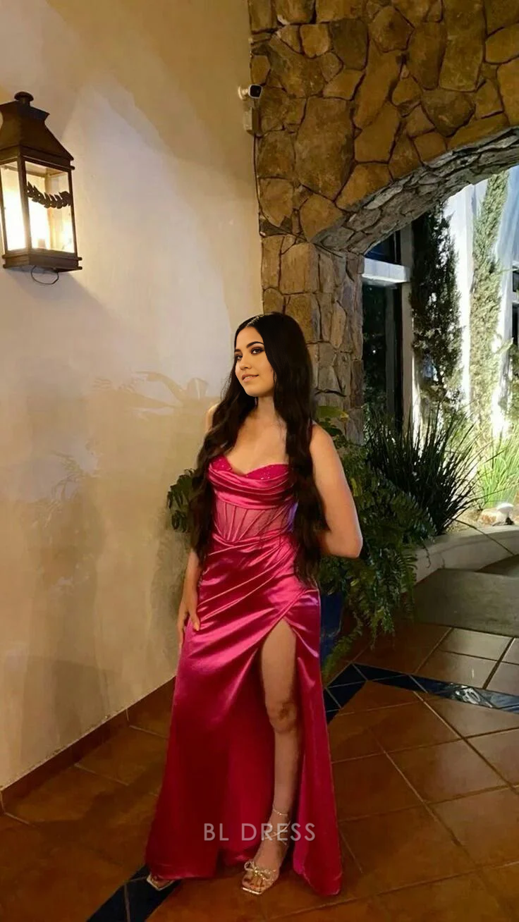 Mermaid Spaghetti Straps Satin Beaded Long formal dresses Bridesmaid Dresses evening gown Prom Dress