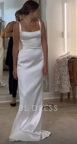 Sheath Elegant Satin White Long formal dresses Bridesmaid Dresses evening gown Prom Dress
