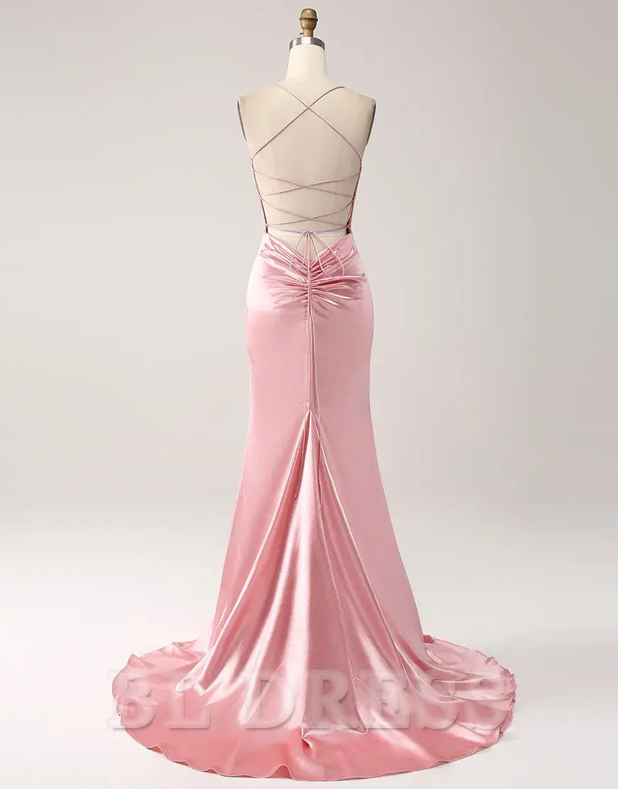 Mermaid Spaghetti Straps Satin Lace-Up Blush Long formal dresses evening gown Prom Dress