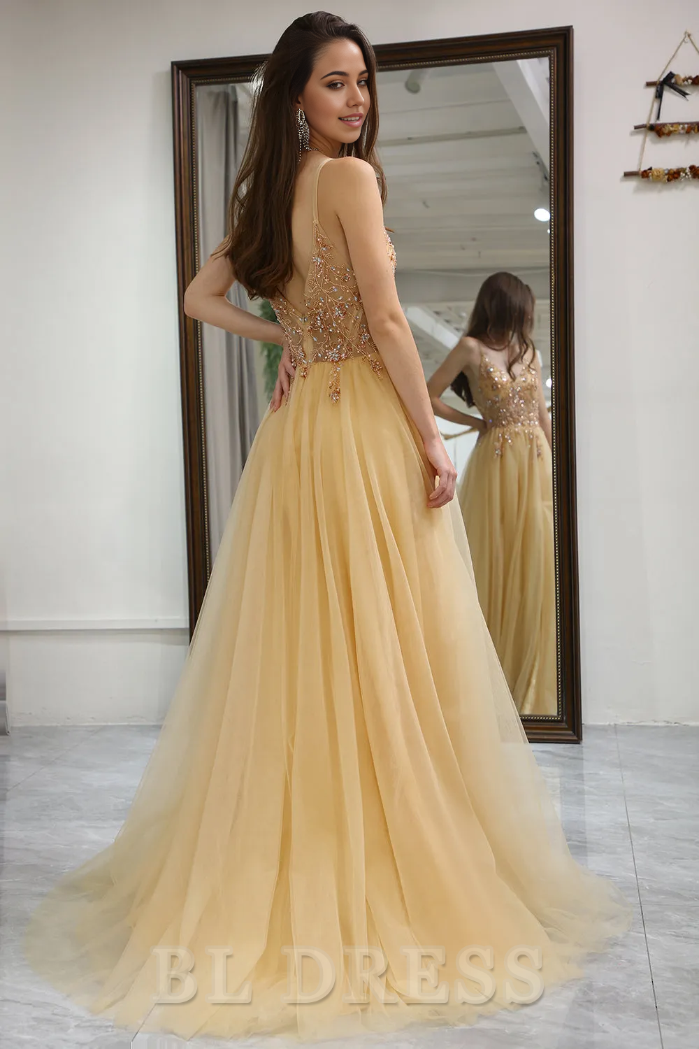 A-Line Sparkly Spaghetti Straps Long Tulle Gold formal dresses evening gown Prom Party Dress With Split