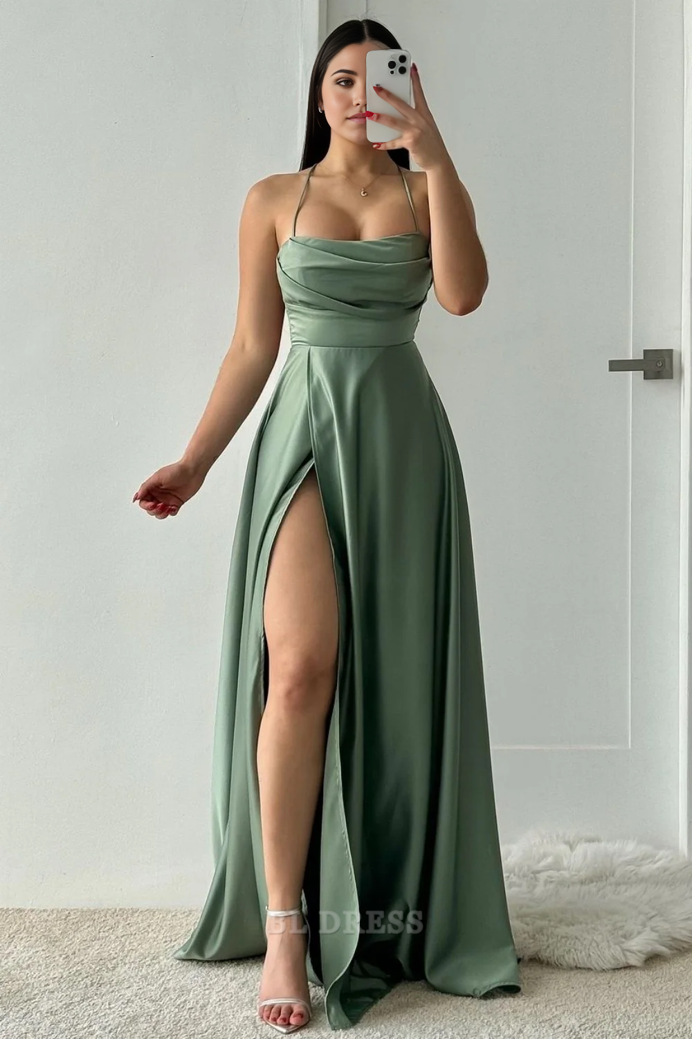 A-Line Spaghetti Straps Lace Up Long Satin formal dresses Bridesmaid Dresses evening gown Prom Dress