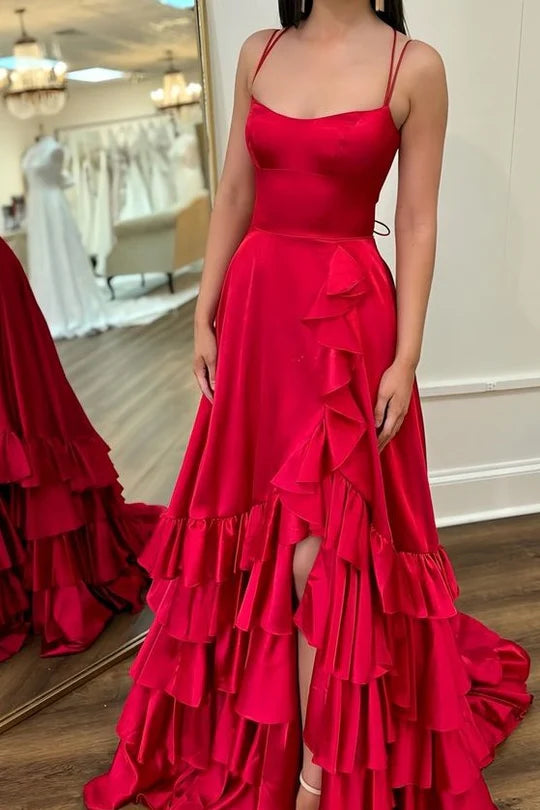 A-line Spaghetti Straps Ruched Satin Red Long formal dresses Bridesmaid Dresses evening gown Prom Dress with Slit
