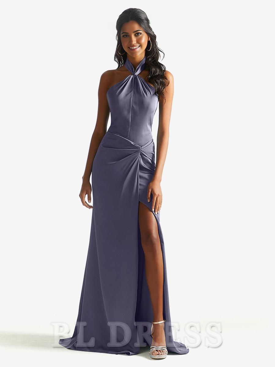 Sheath Halter Floor-Length Satin formal dresses evening gown Prom Dress With Side Slit