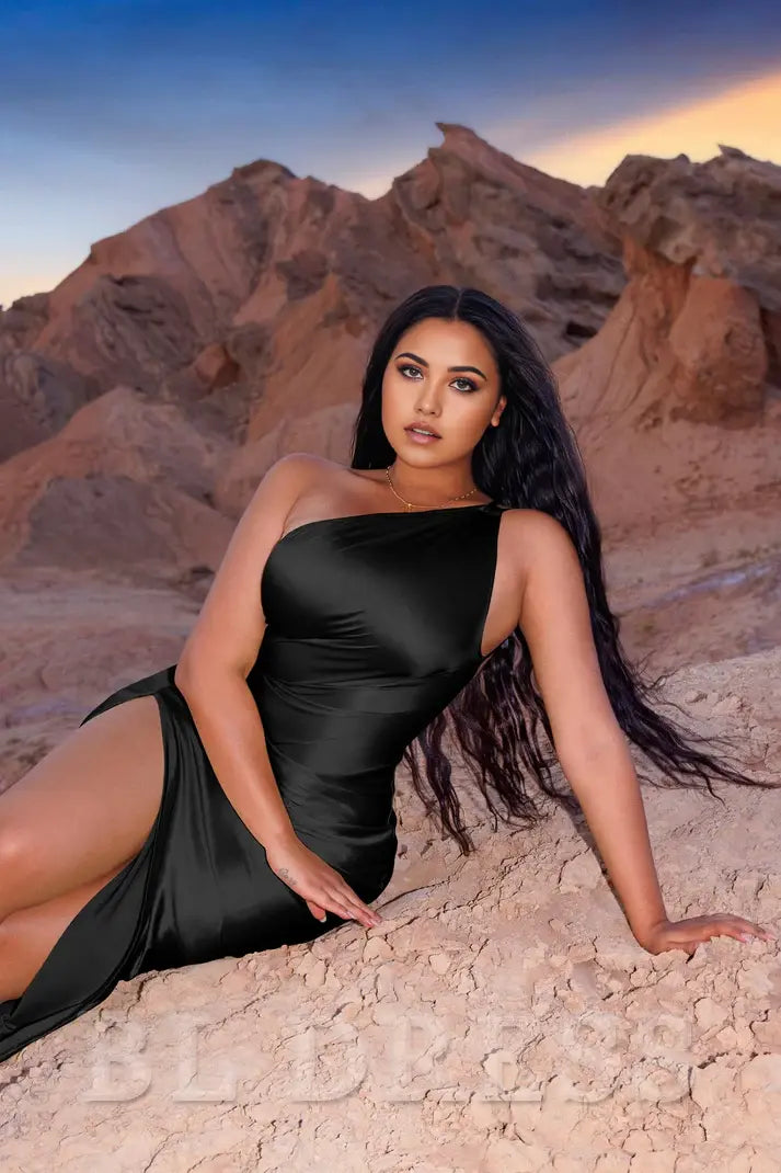 Plus Size Sheath One Shoulder Satin Sexy High Split formal dresses evening gown Prom Dress