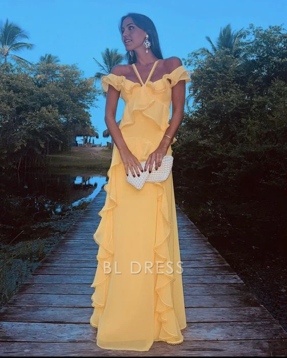 Sheath Ruffle Yellow formal dresses Bridesmaid Dresses evening gown Prom Dress
