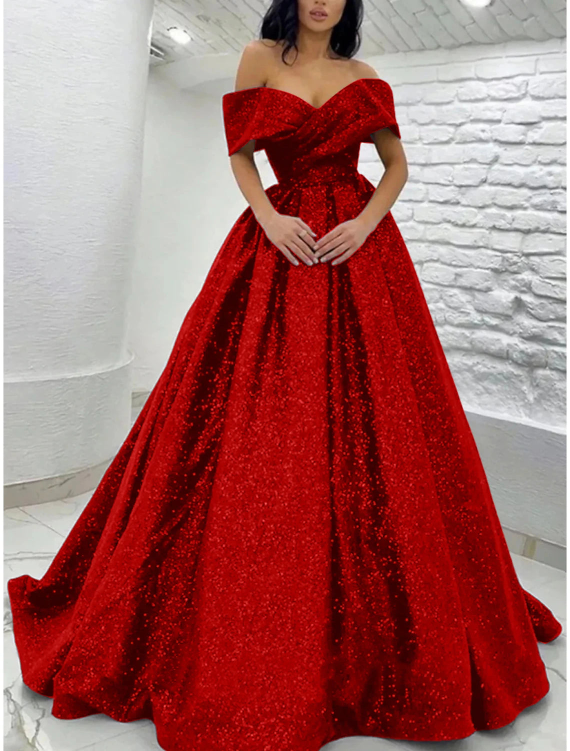 A-Line Prom Dresses Elegant Dress Tie Gala Sweep / Brush Train Short Sleeve Off Shoulder Sequined
