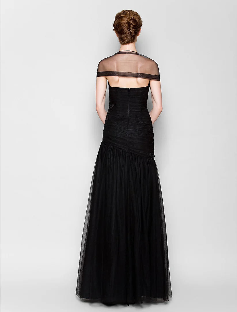 Mother of the Bride Dress Queen Anne Floor Length Tulle Short Sleeve No with Criss Cross Appliques