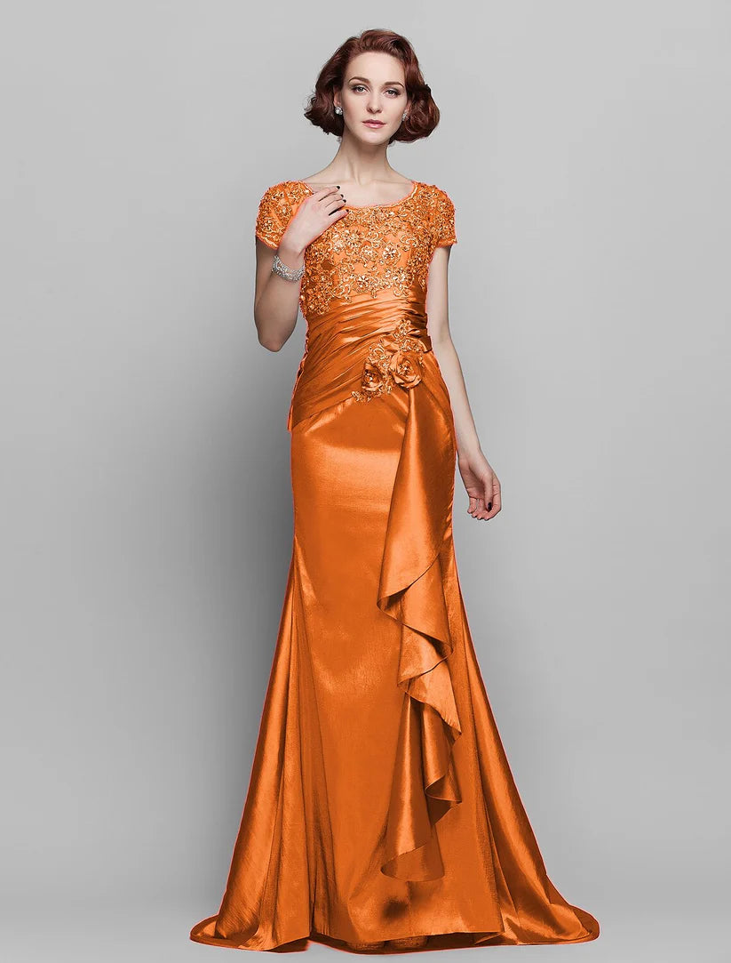 Mermaid / Trumpet Mother of the Bride Dress See Through Scoop Neck Sweep / Brush Train Taffeta Beaded Lace Short Sleeve with Flower