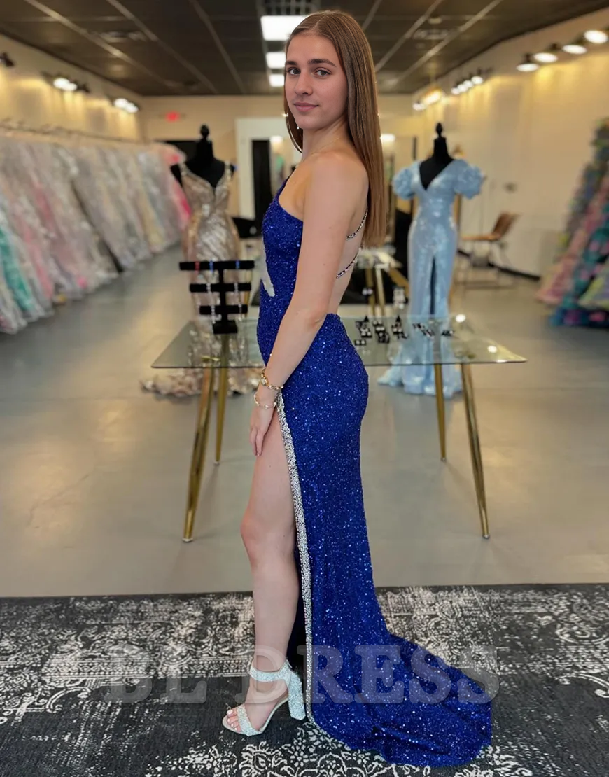 Sparkly One Shoulder Sequins Royal Blue Long formal dresses Bridesmaid Dresses evening gown Prom Dress with Slit