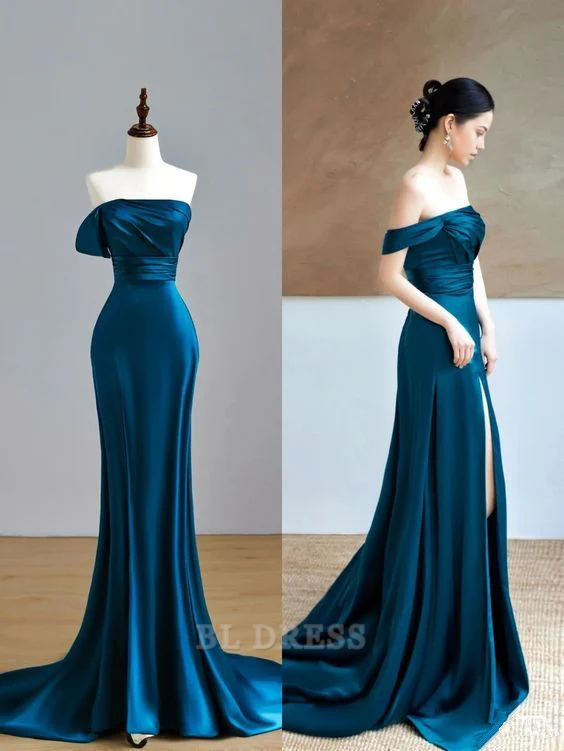 Mermaid Off The Shoulder Slit Satin Long formal dresses Bridesmaid Dresses evening gown Prom Dress With Ruffle