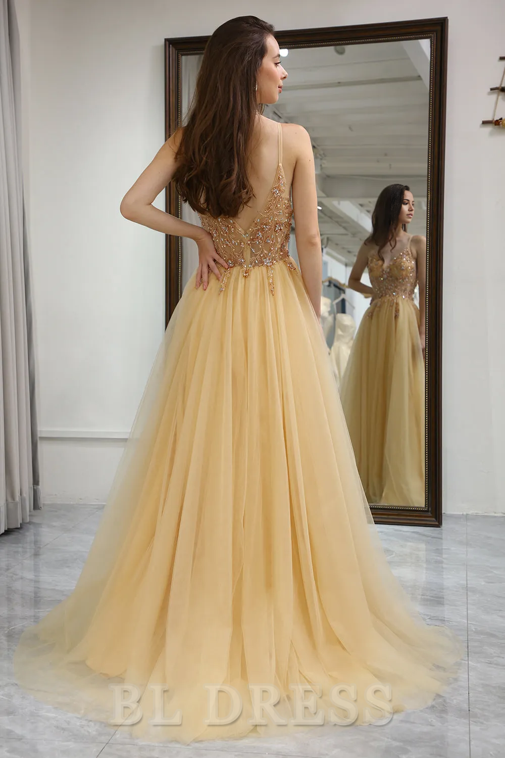 A-Line Sparkly Spaghetti Straps Long Tulle Gold formal dresses evening gown Prom Party Dress With Split